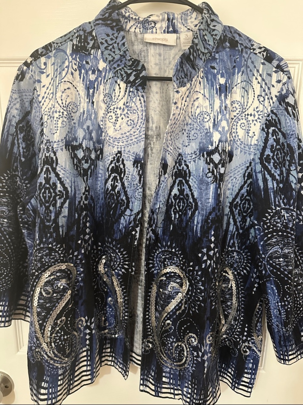 Chico's White and Blue Paisley Sequin light weight jacket